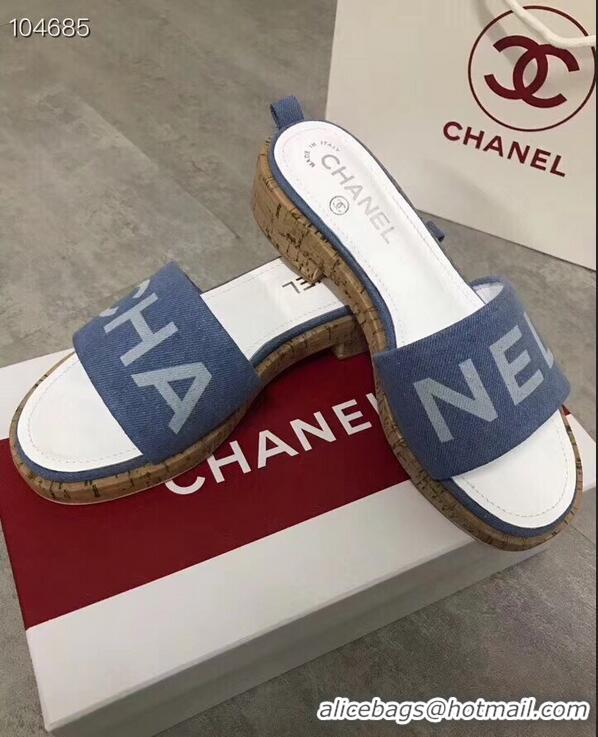 Buy Fashionable Chanel Denim and Lambskin Logo Mules Slipper Sandals G34876 Blue 2019