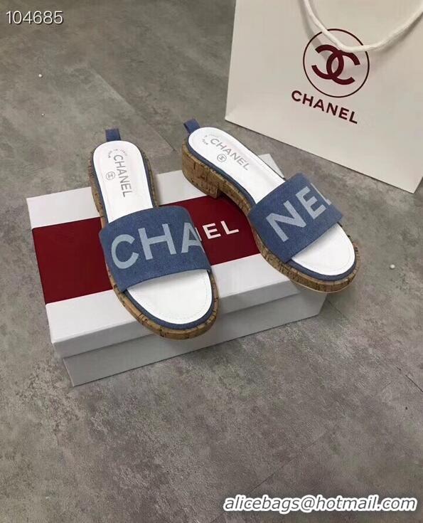 Buy Fashionable Chanel Denim and Lambskin Logo Mules Slipper Sandals G34876 Blue 2019