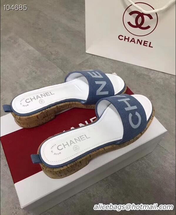 Buy Fashionable Chanel Denim and Lambskin Logo Mules Slipper Sandals G34876 Blue 2019