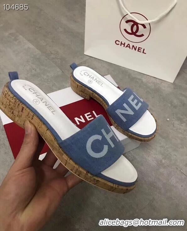 Buy Fashionable Chanel Denim and Lambskin Logo Mules Slipper Sandals G34876 Blue 2019