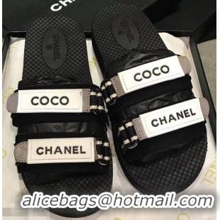 Discount Chanel Coco Logo Fabric Mules Slipper Sandals G34729 Black/Gray 2019