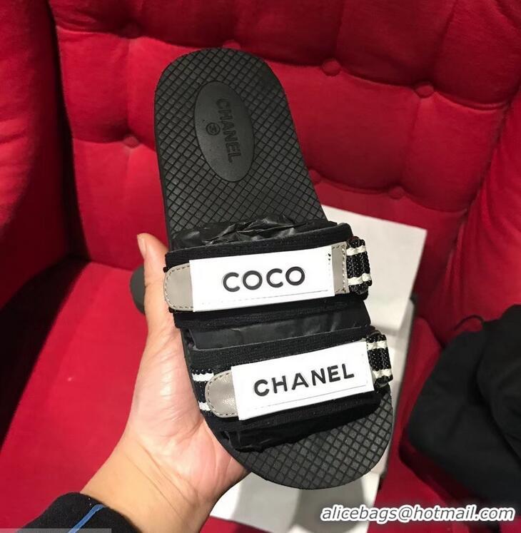 Discount Chanel Coco Logo Fabric Mules Slipper Sandals G34729 Black/Gray 2019