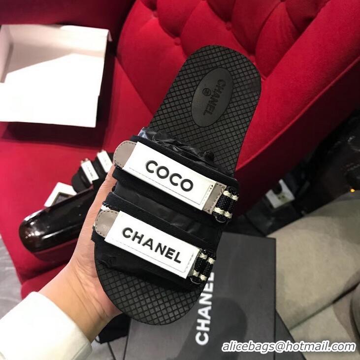 Discount Chanel Coco Logo Fabric Mules Slipper Sandals G34729 Black/Gray 2019