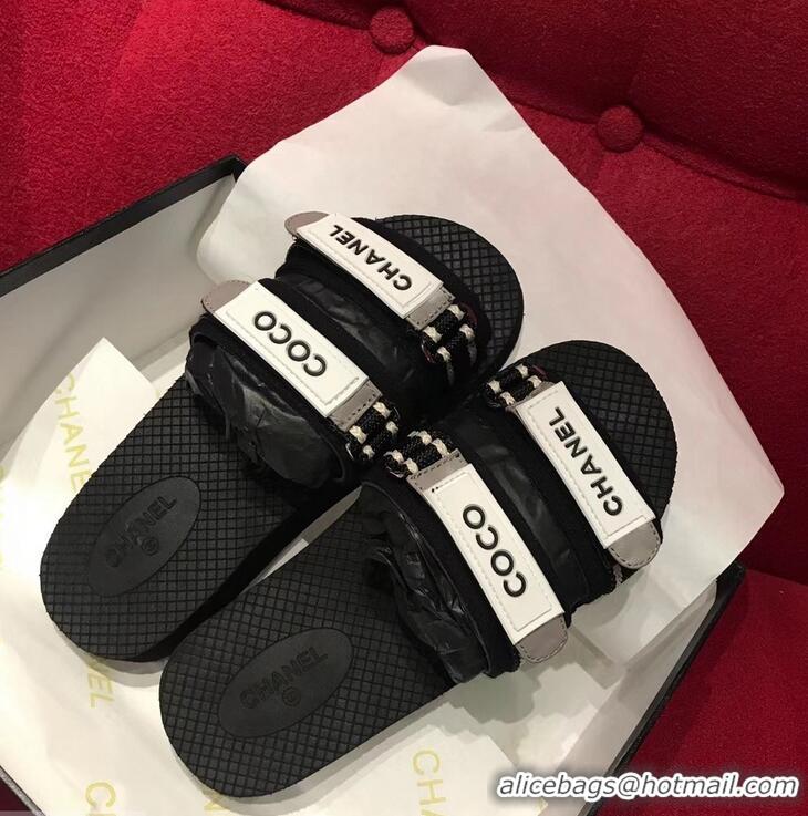 Discount Chanel Coco Logo Fabric Mules Slipper Sandals G34729 Black/Gray 2019