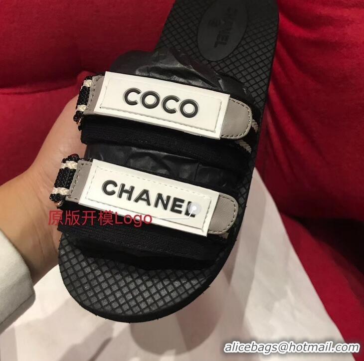 Discount Chanel Coco Logo Fabric Mules Slipper Sandals G34729 Black/Gray 2019