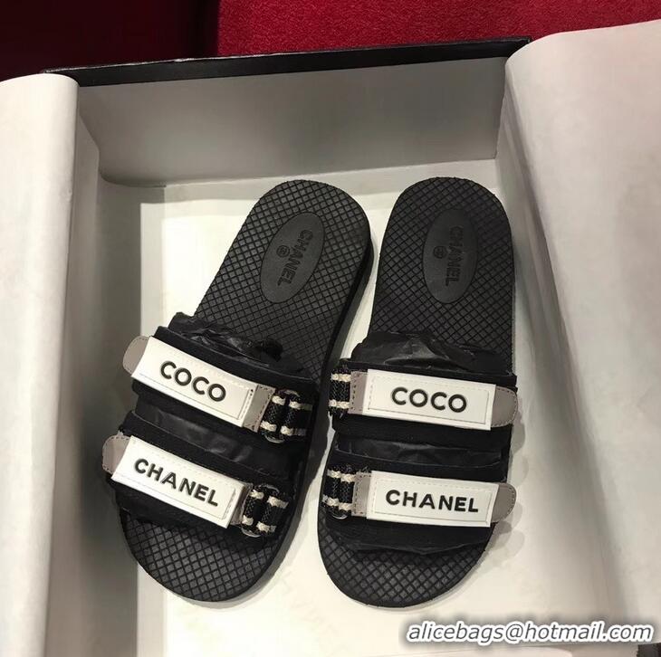 Discount Chanel Coco Logo Fabric Mules Slipper Sandals G34729 Black/Gray 2019