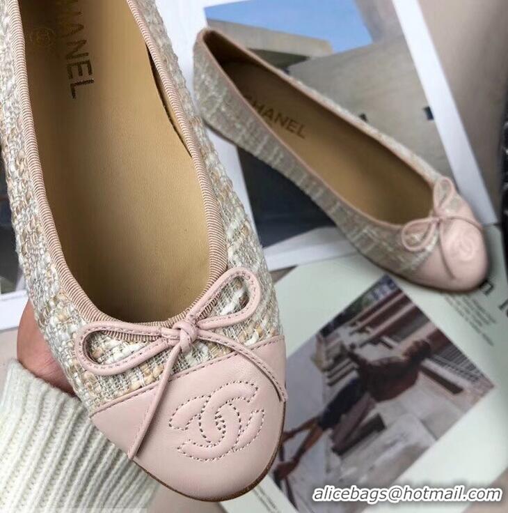 Popular Style Chanel Tweed Classic Bow Ballerinas Flats G40306 Beige