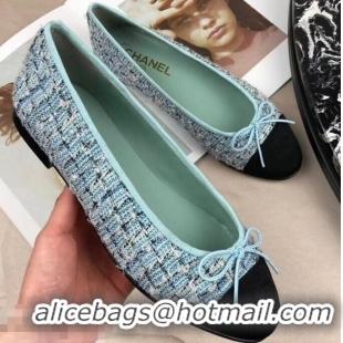 Chic Reproduction Chanel Tweed Classic Bow Ballerinas Flats G40308 Turquoise/Black