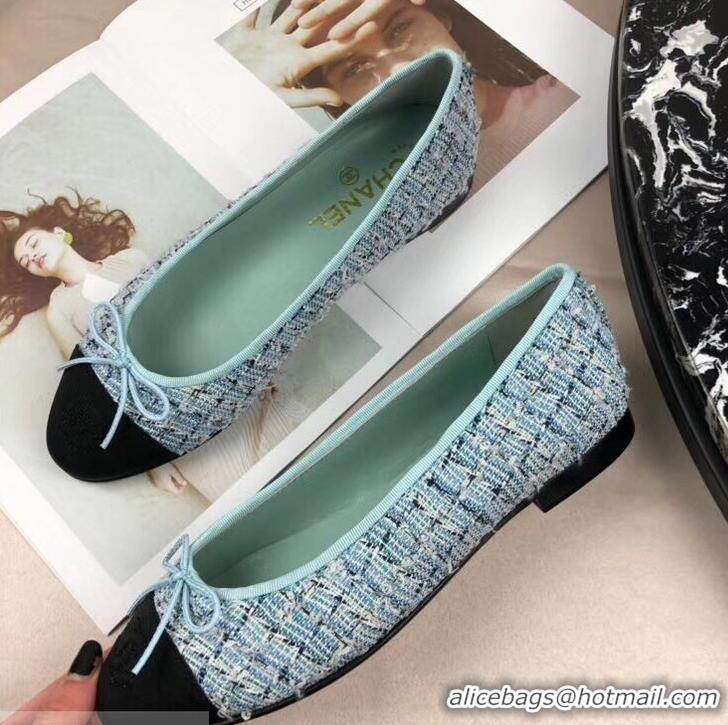 Chic Reproduction Chanel Tweed Classic Bow Ballerinas Flats G40308 Turquoise/Black