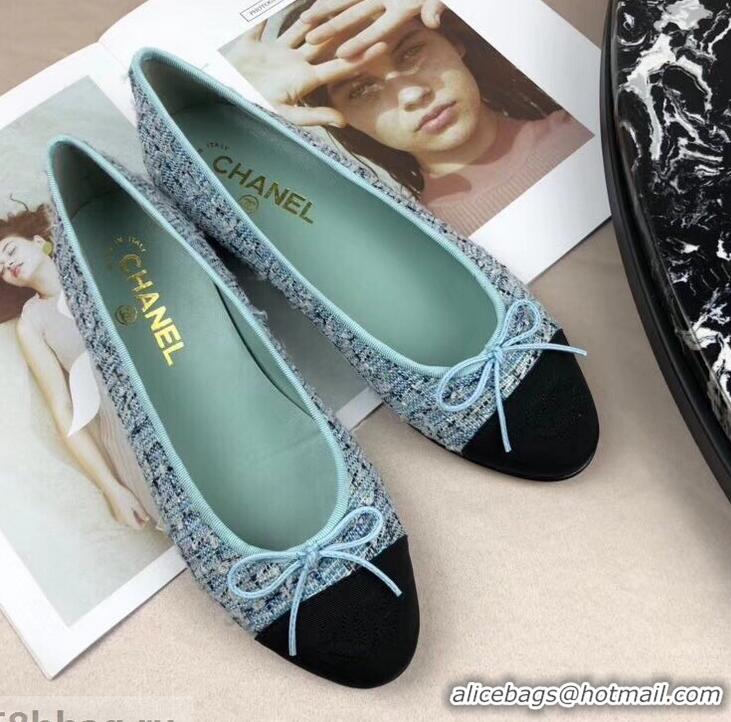 Chic Reproduction Chanel Tweed Classic Bow Ballerinas Flats G40308 Turquoise/Black