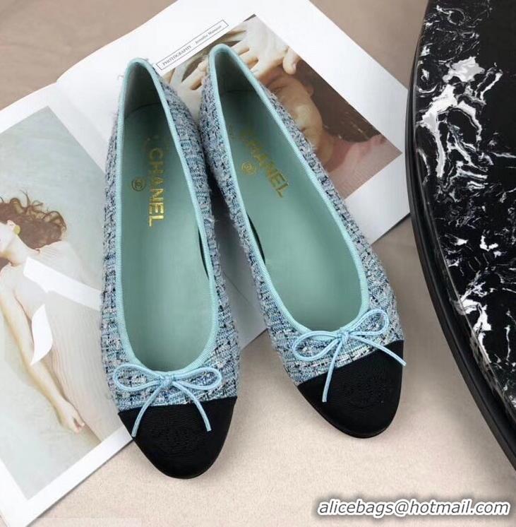 Chic Reproduction Chanel Tweed Classic Bow Ballerinas Flats G40308 Turquoise/Black