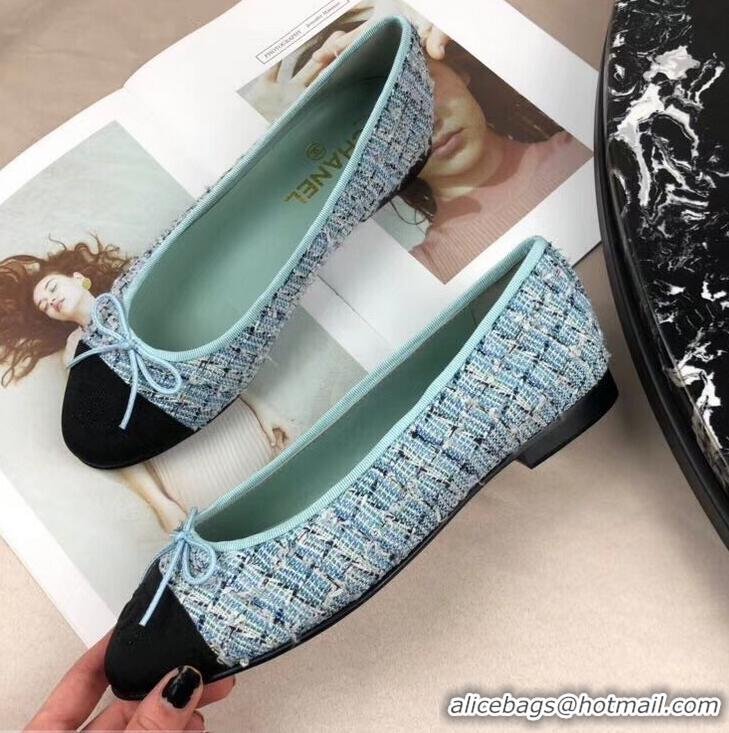 Chic Reproduction Chanel Tweed Classic Bow Ballerinas Flats G40308 Turquoise/Black