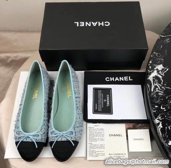 Chic Reproduction Chanel Tweed Classic Bow Ballerinas Flats G40308 Turquoise/Black