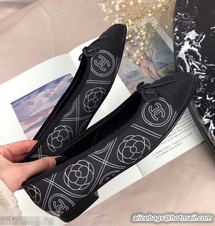 Faux Cheap Chanel Leather Classic Bow Ballerinas Flats G40309 Camellia Print Black