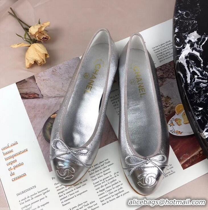 Imitation Chanel Leather Classic Bow Ballerinas Flats G40310 Silver