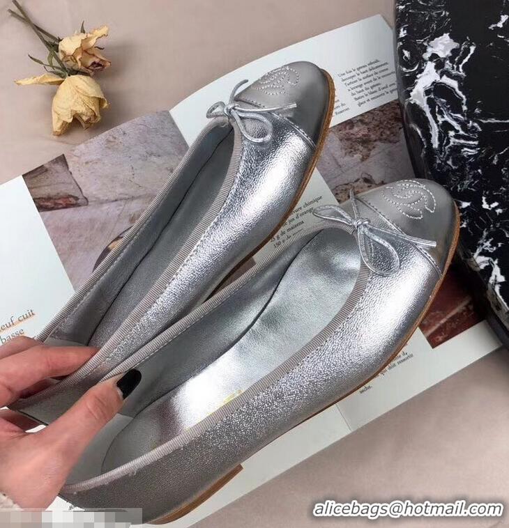 Imitation Chanel Leather Classic Bow Ballerinas Flats G40310 Silver