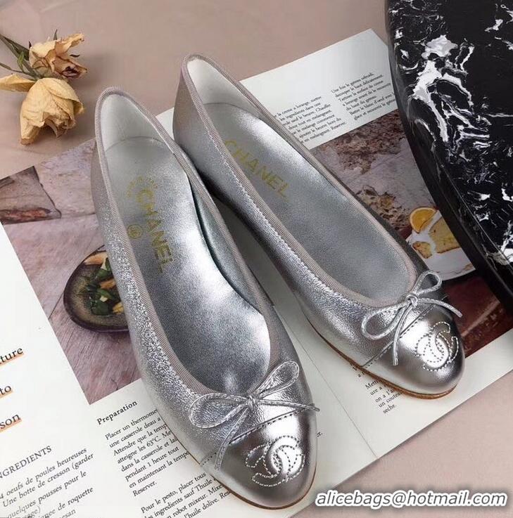 Imitation Chanel Leather Classic Bow Ballerinas Flats G40310 Silver