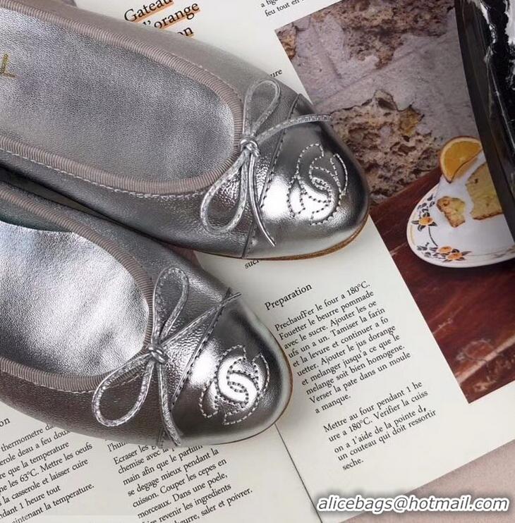 Imitation Chanel Leather Classic Bow Ballerinas Flats G40310 Silver