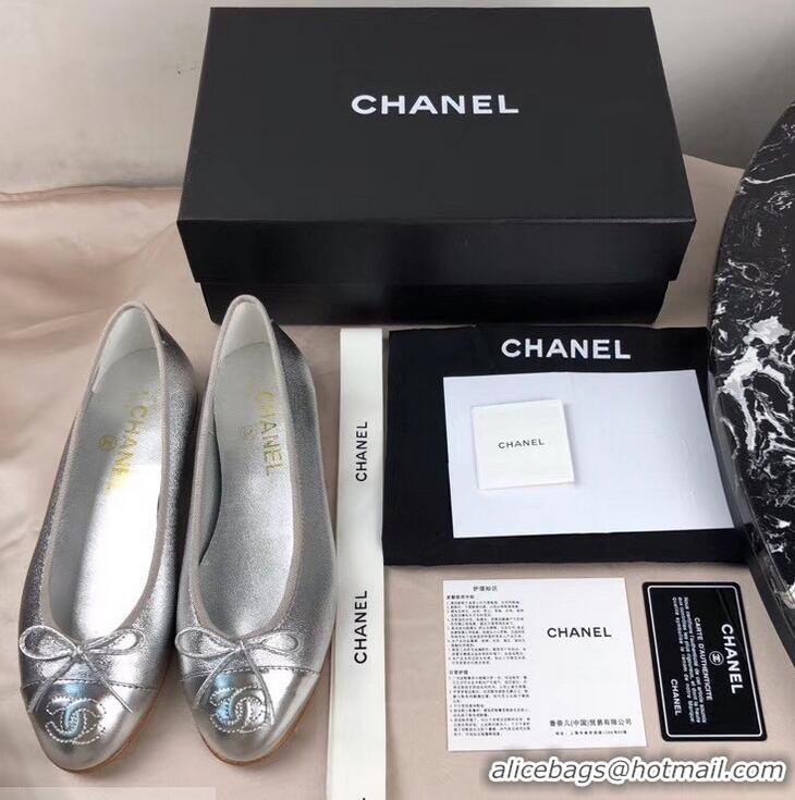 Imitation Chanel Leather Classic Bow Ballerinas Flats G40310 Silver