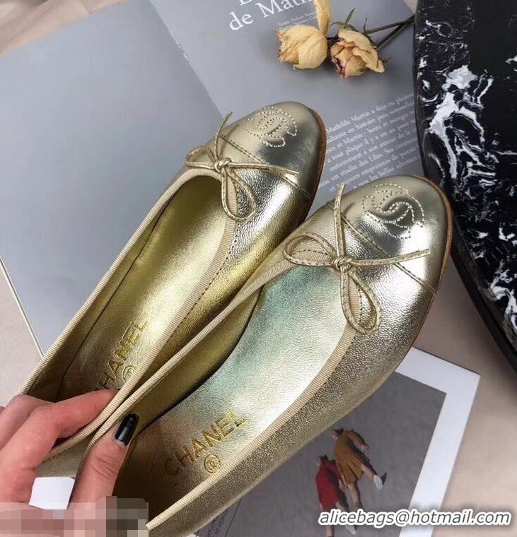 Luxury Cheap Chanel Leather Classic Bow Ballerinas Flats G40311 Gold