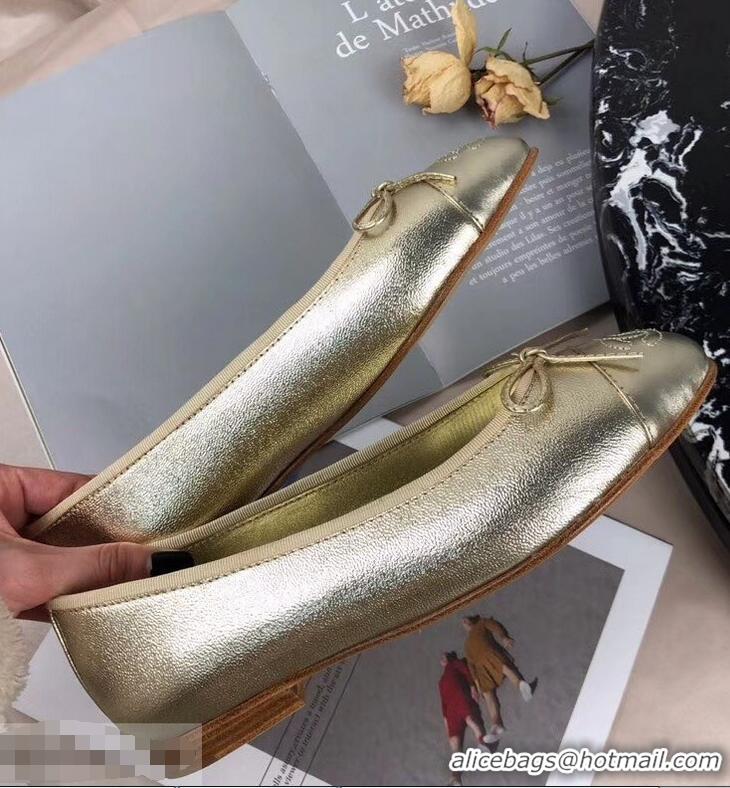 Luxury Cheap Chanel Leather Classic Bow Ballerinas Flats G40311 Gold