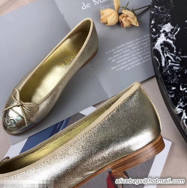 Luxury Cheap Chanel Leather Classic Bow Ballerinas Flats G40311 Gold