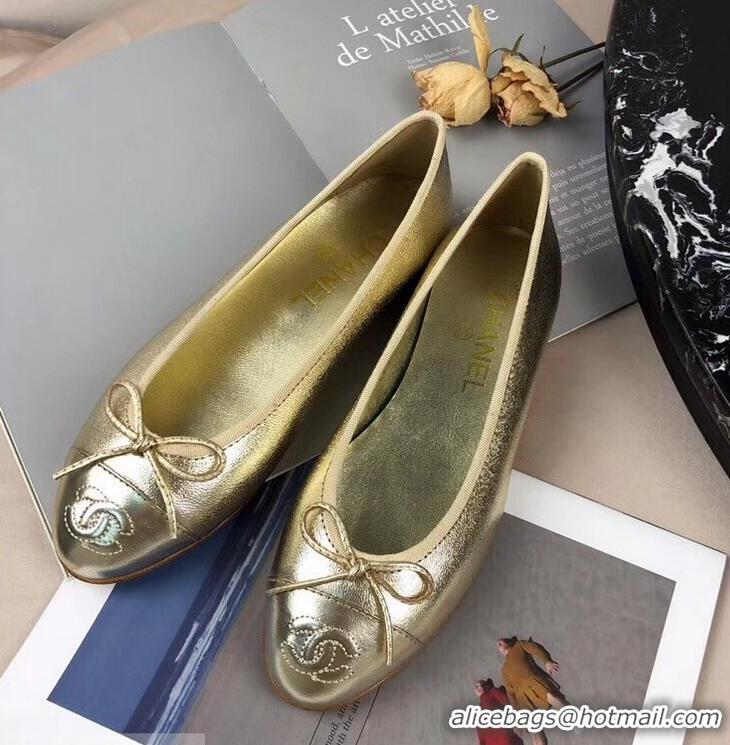 Luxury Cheap Chanel Leather Classic Bow Ballerinas Flats G40311 Gold