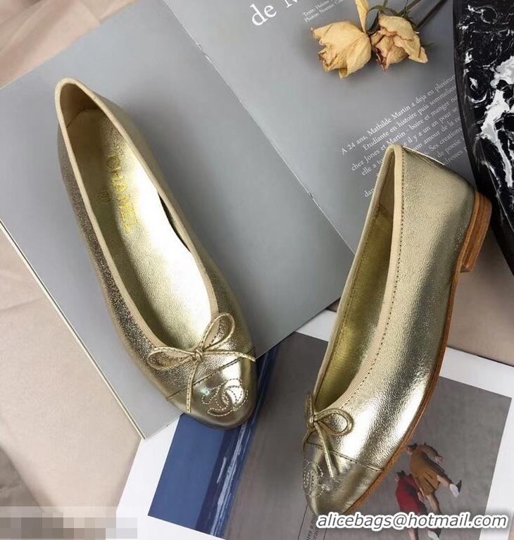 Luxury Cheap Chanel Leather Classic Bow Ballerinas Flats G40311 Gold