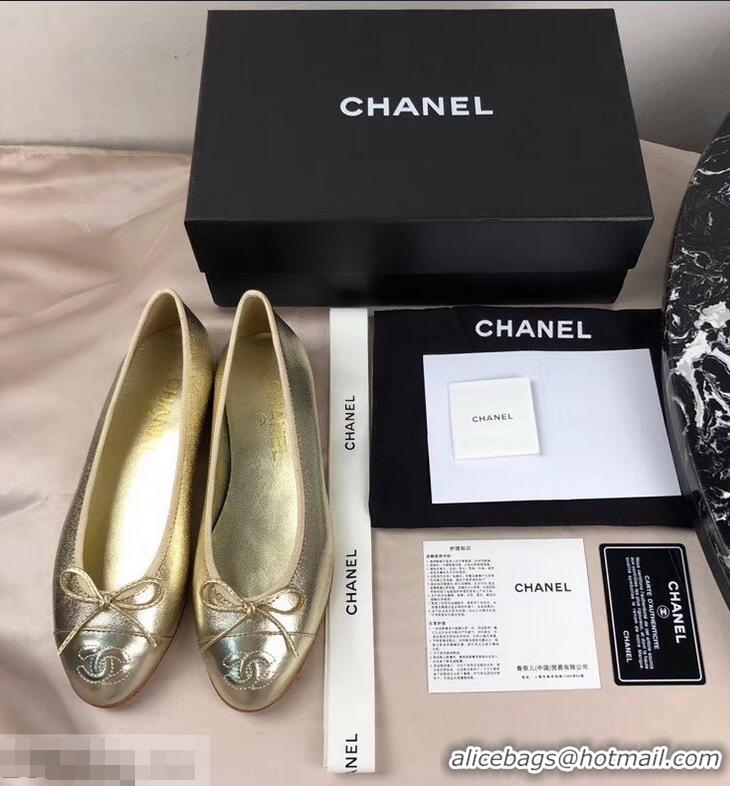 Luxury Cheap Chanel Leather Classic Bow Ballerinas Flats G40311 Gold