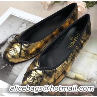 Luxury Chanel Leather Classic Bow Ballerinas Flats G40313 Laminated Gold