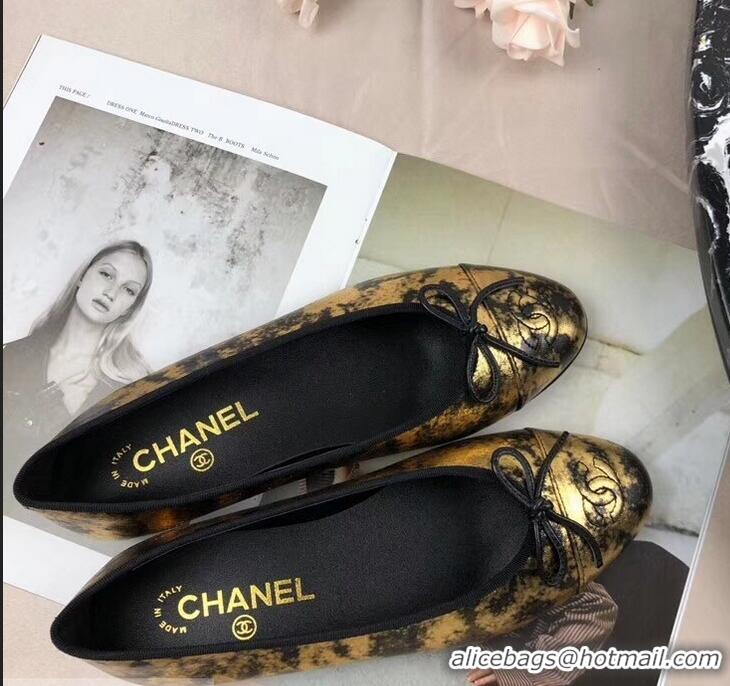 Luxury Chanel Leather Classic Bow Ballerinas Flats G40313 Laminated Gold