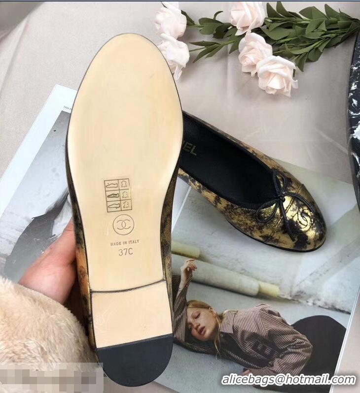 Luxury Chanel Leather Classic Bow Ballerinas Flats G40313 Laminated Gold