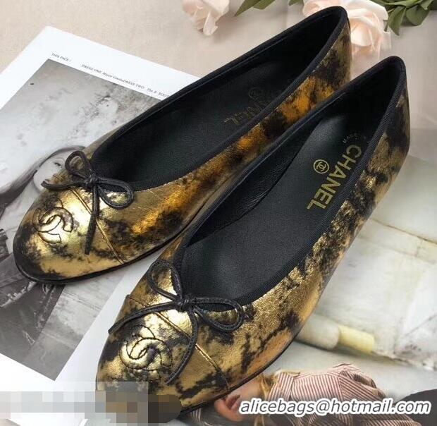 Luxury Chanel Leather Classic Bow Ballerinas Flats G40313 Laminated Gold