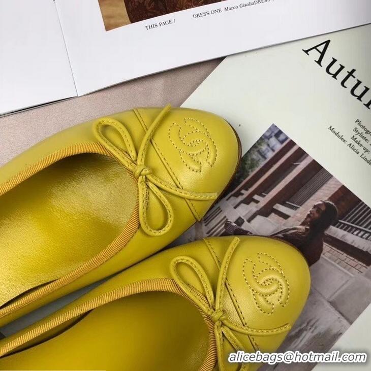 Low Cost Chanel Leather Classic Bow Ballerinas Flats G40320 Yellow