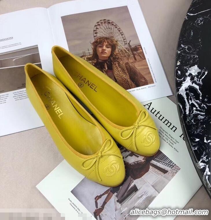 Low Cost Chanel Leather Classic Bow Ballerinas Flats G40320 Yellow