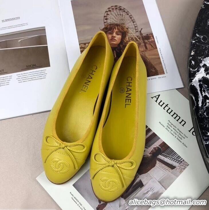 Low Cost Chanel Leather Classic Bow Ballerinas Flats G40320 Yellow