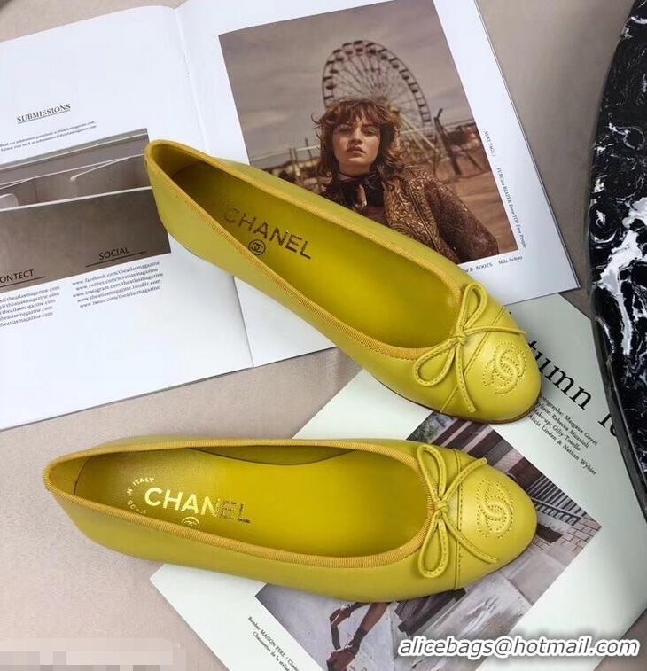 Low Cost Chanel Leather Classic Bow Ballerinas Flats G40320 Yellow