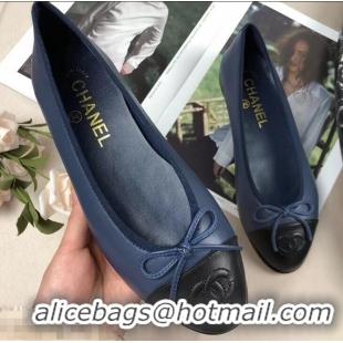 Unique StyleChanel Leather Classic Bow Ballerinas Flats Bi-color G40322 Dark Blue/Black