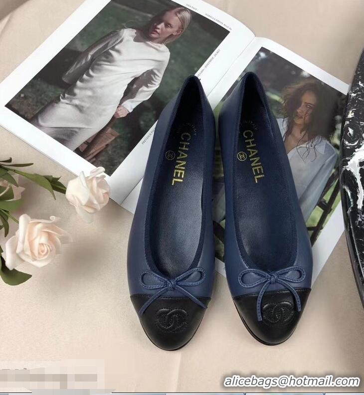 Unique StyleChanel Leather Classic Bow Ballerinas Flats Bi-color G40322 Dark Blue/Black