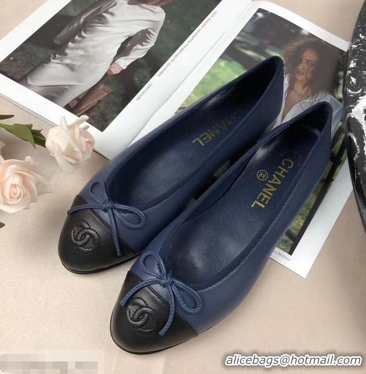 Unique StyleChanel Leather Classic Bow Ballerinas Flats Bi-color G40322 Dark Blue/Black