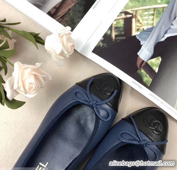 Unique StyleChanel Leather Classic Bow Ballerinas Flats Bi-color G40322 Dark Blue/Black