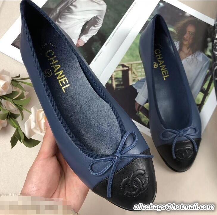 Unique StyleChanel Leather Classic Bow Ballerinas Flats Bi-color G40322 Dark Blue/Black