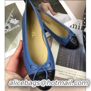 Top Grade Chanel Leather Classic Bow Ballerinas Flats G40323 Bi-color Blue/Black