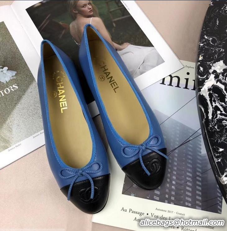 Top Grade Chanel Leather Classic Bow Ballerinas Flats G40323 Bi-color Blue/Black