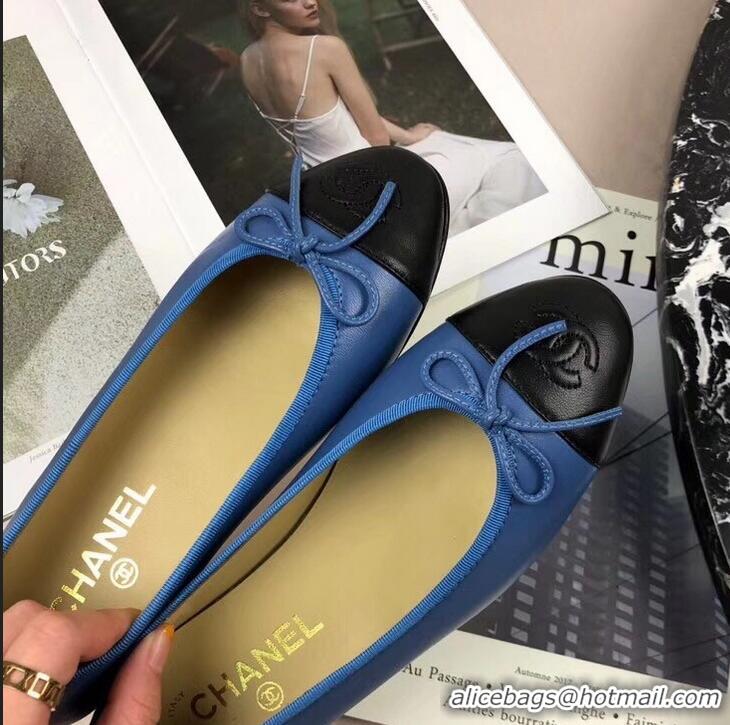 Top Grade Chanel Leather Classic Bow Ballerinas Flats G40323 Bi-color Blue/Black