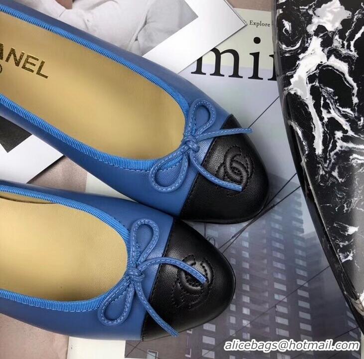 Top Grade Chanel Leather Classic Bow Ballerinas Flats G40323 Bi-color Blue/Black