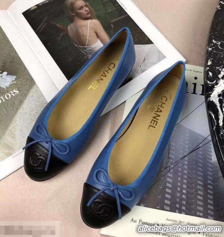 Top Grade Chanel Leather Classic Bow Ballerinas Flats G40323 Bi-color Blue/Black