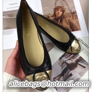 Feminine Chanel Leather Classic Bow Ballerinas Flats G40324 Bi-color Black/Gold