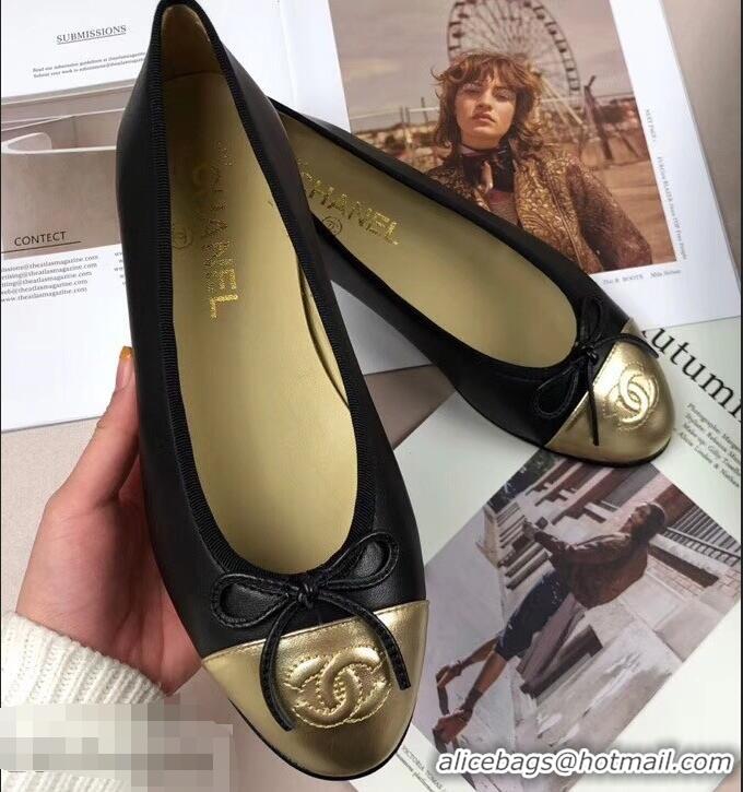 Feminine Chanel Leather Classic Bow Ballerinas Flats G40324 Bi-color Black/Gold