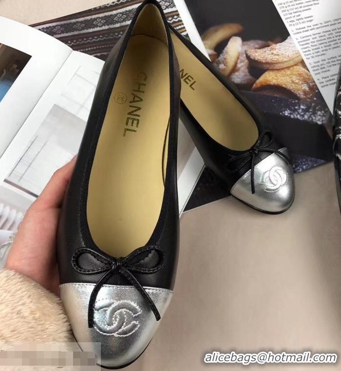 Popular Chanel Leather Classic Bow Ballerinas Flats G40325 Bi-color Black/Silver